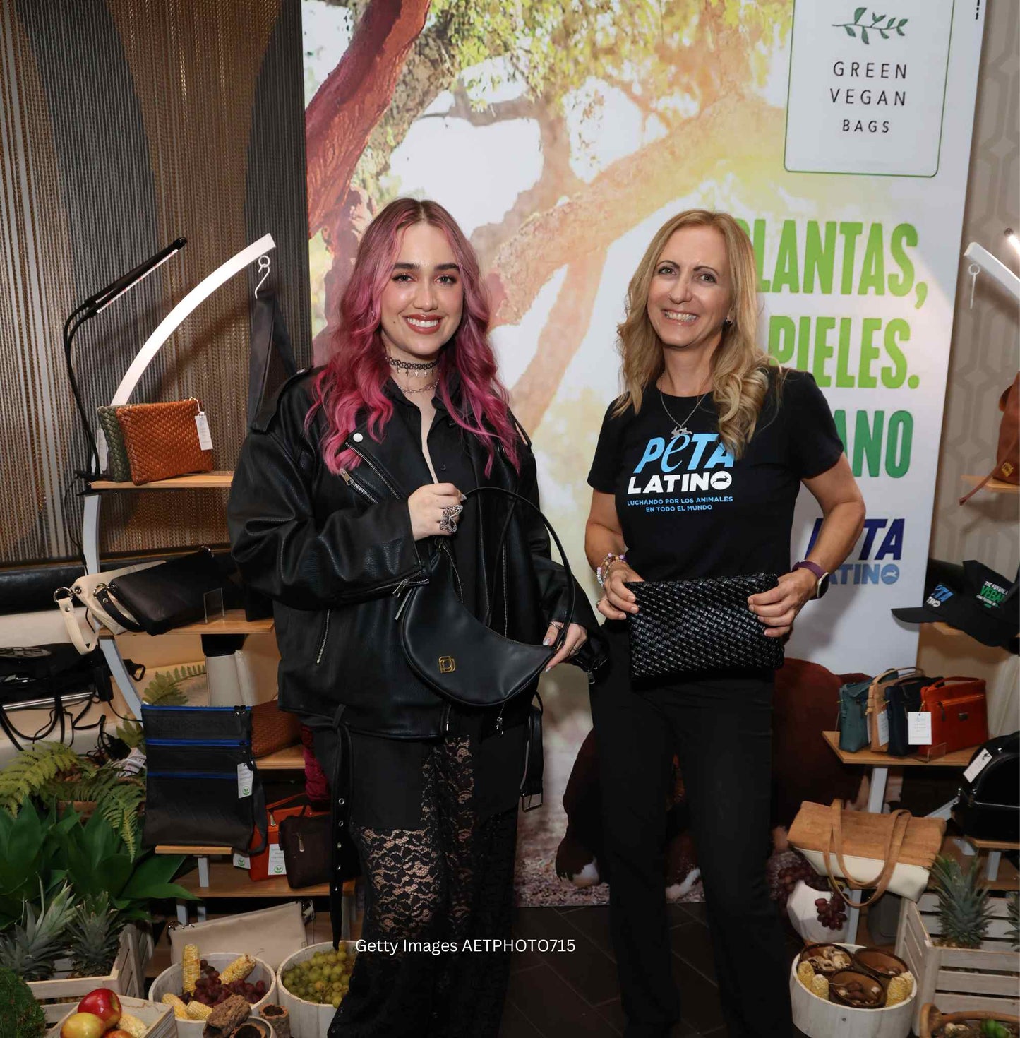 Latin Grammy best new artist Ela Taubert with Nicole from Green Vegan Bags and her Moon Bag