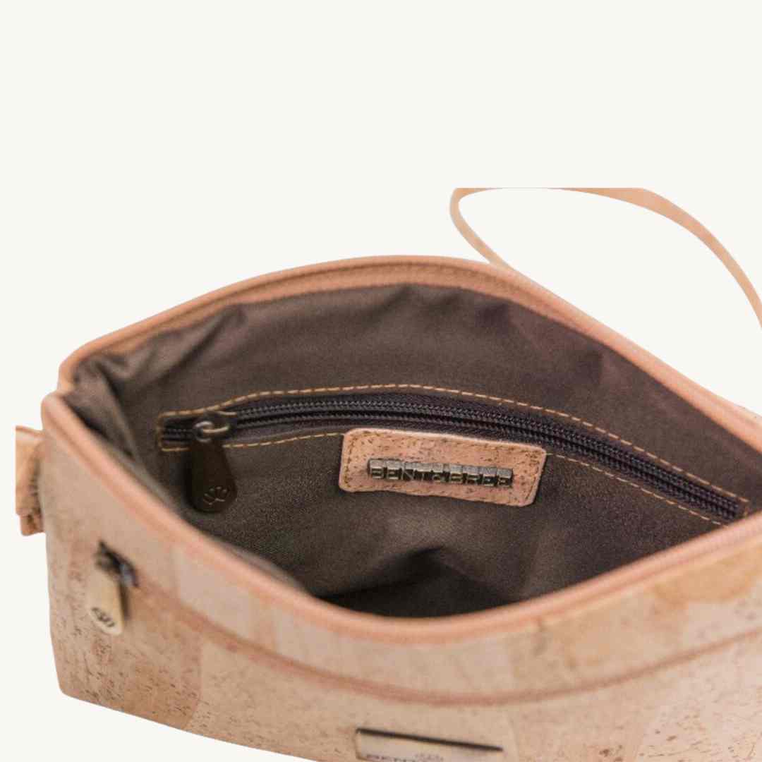 Close-up of the Iris Cork Leather Crossbody Bag’s textured vegan leather surface highlighting subtle grain details and