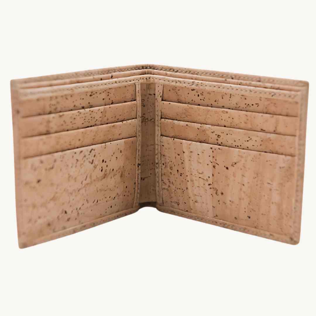 Close-up of cork leather card slots showcasing textured surface and precise stitching detail on the vegan wallet.