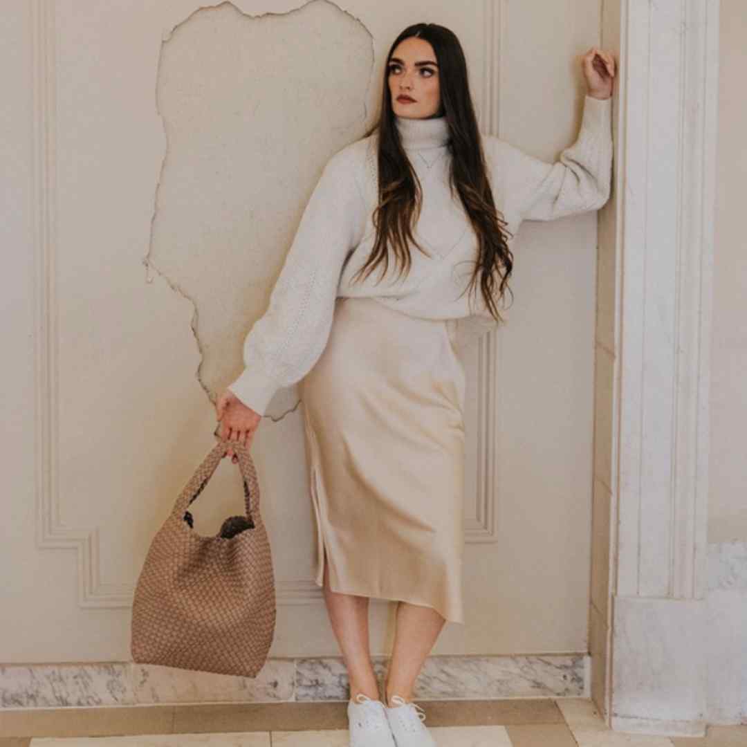 Johanna woven vegan tote bag by Melie Bianco in Taupe with model