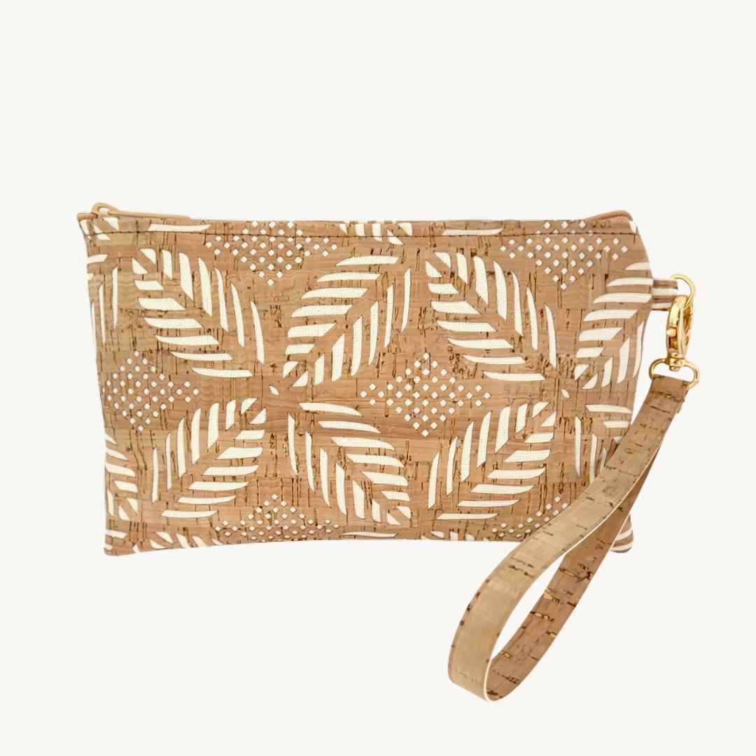 Limited edition Natalie Therese cork leather wristlet with palm cutout, handmade vegan bag in natural cork and black vegan