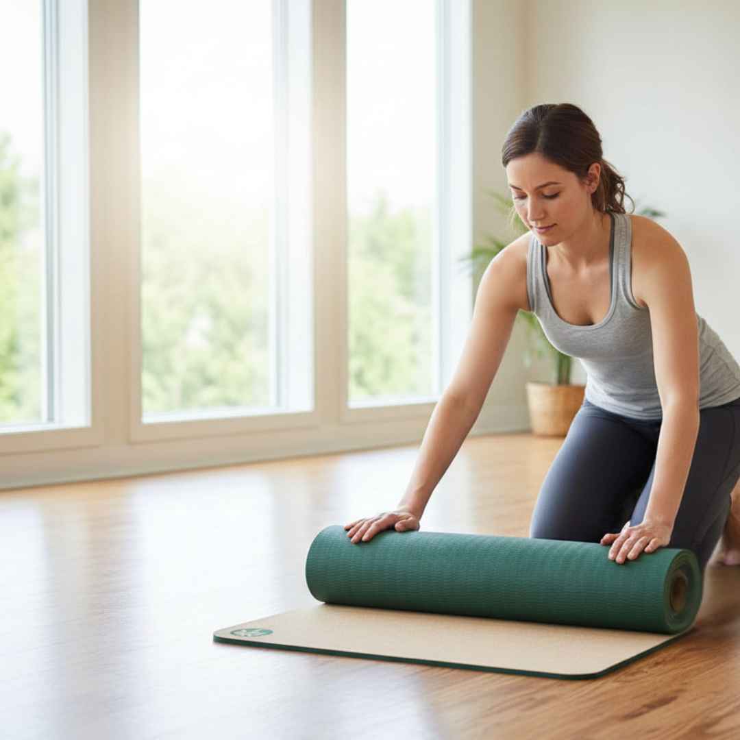 Woman rolling out a cork yoga mat in a bright room with large windows.