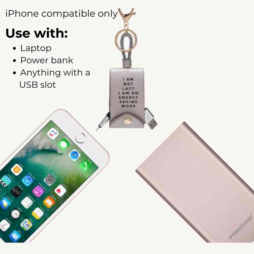 Close-up of the vegan leather surface highlighting the textured finish and precise stitching around the USB and iPhone ports.