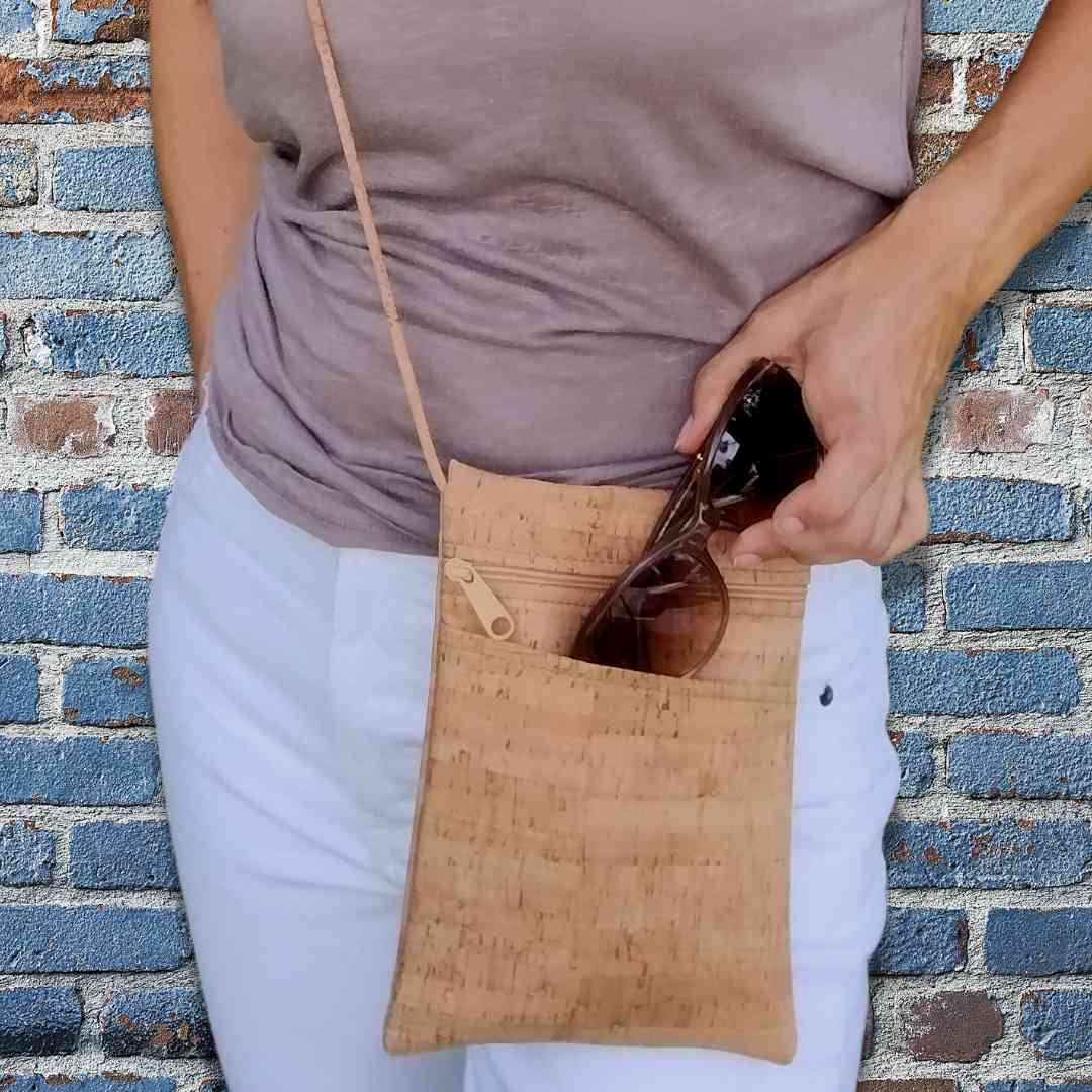 Cork leather crossbody vegan bag in Butterscotch zipper being worn