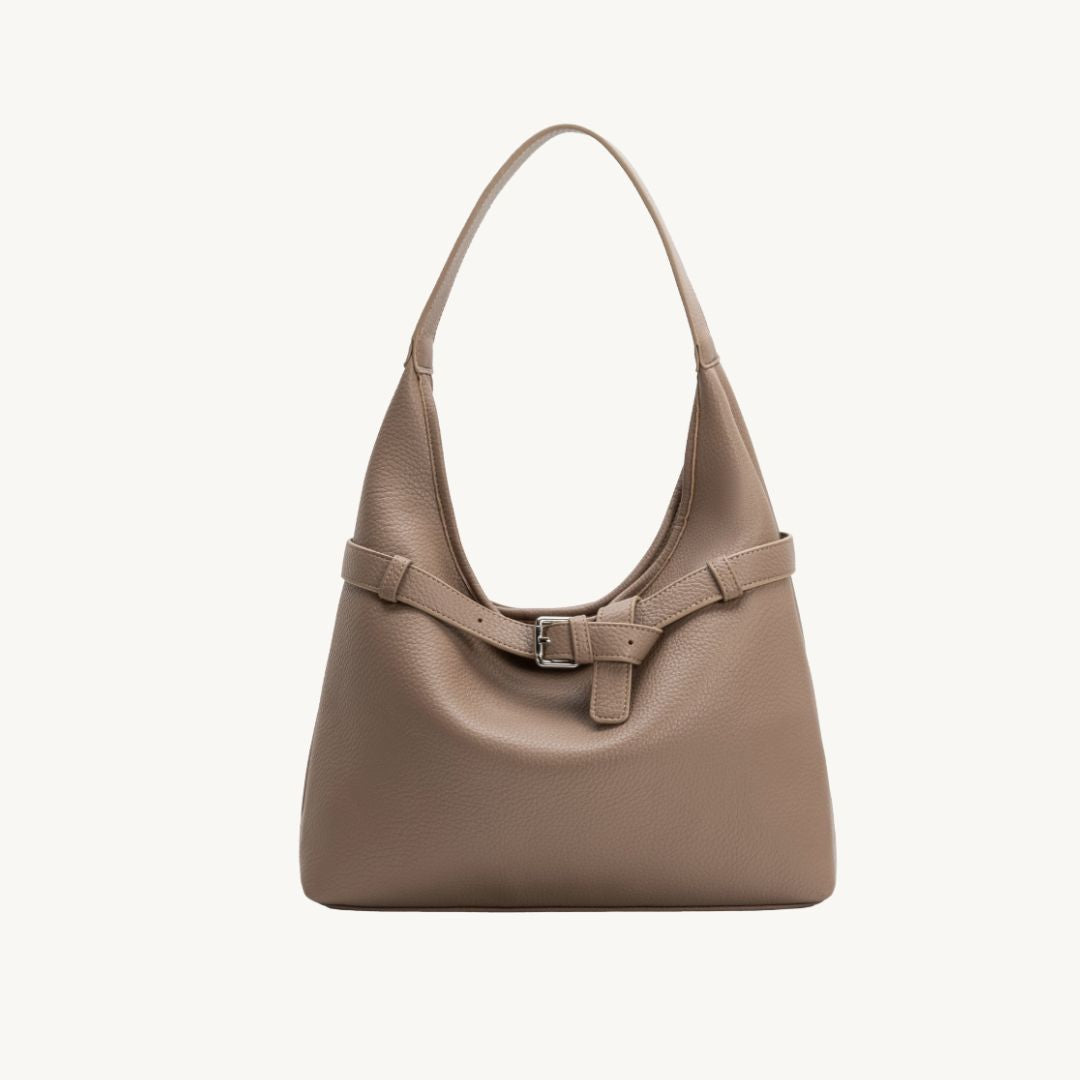 large vegan leather handbag in taupe with buckle