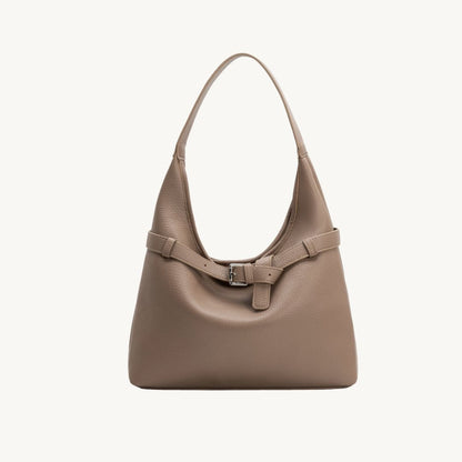 large vegan leather handbag in taupe with buckle