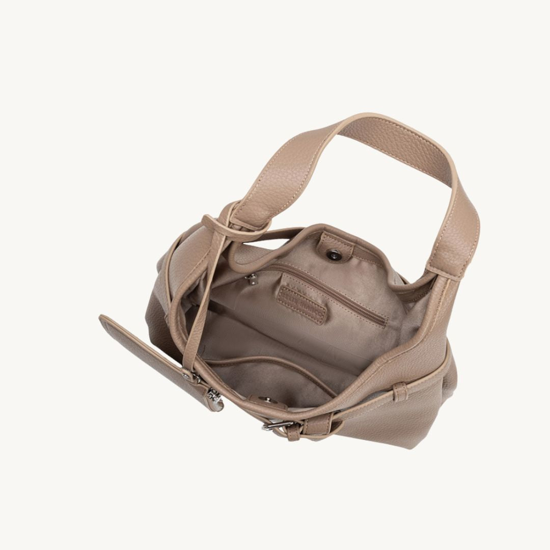 vegan leather purse interior in taupe