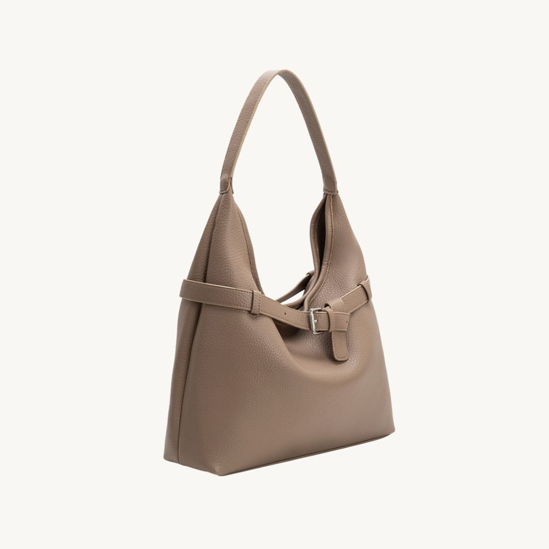 vegan leather tote bag in taupe side view