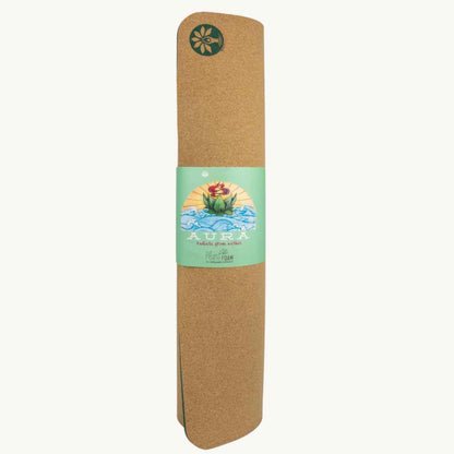Cork yoga mat with a label on a white background
