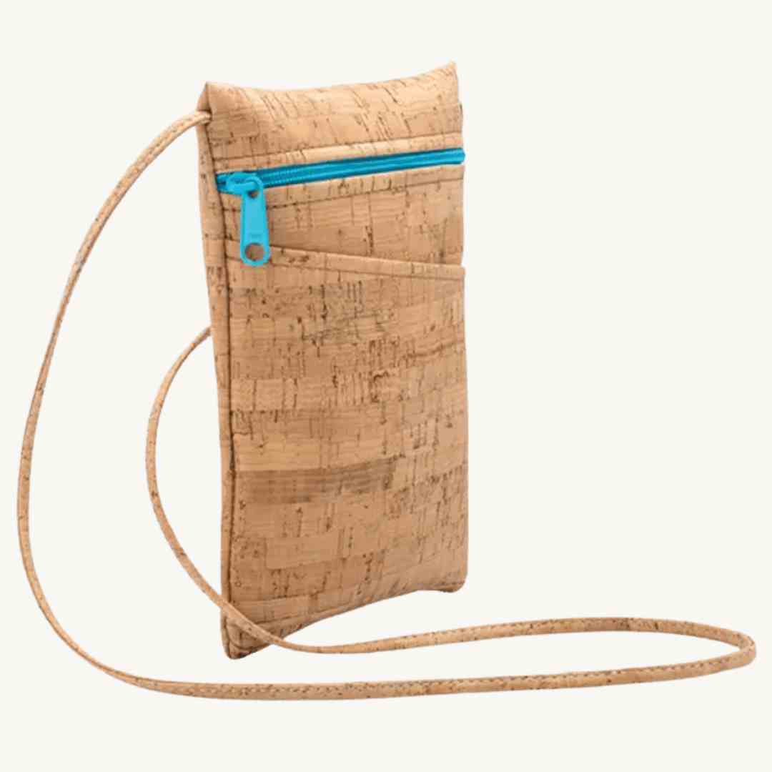 Cork leather crossbody vegan bag in Aqua Zipper