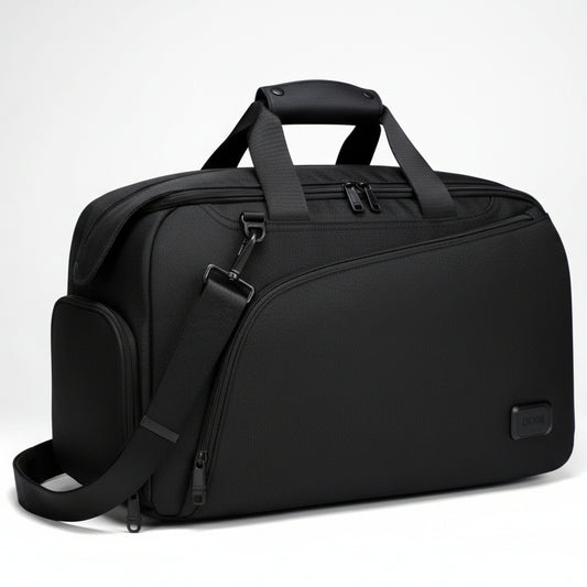 Black vegan travel bag with shoulder strap on a white background