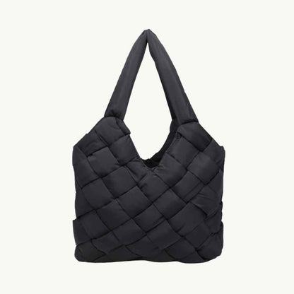 Black woven vegan handbag made of recycled nylon
