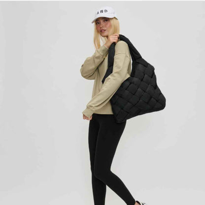 Black woven vegan handbag made of recycled nylon
