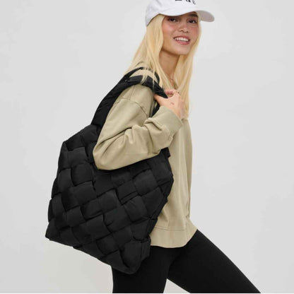 Black woven vegan handbag made of recycled nylon