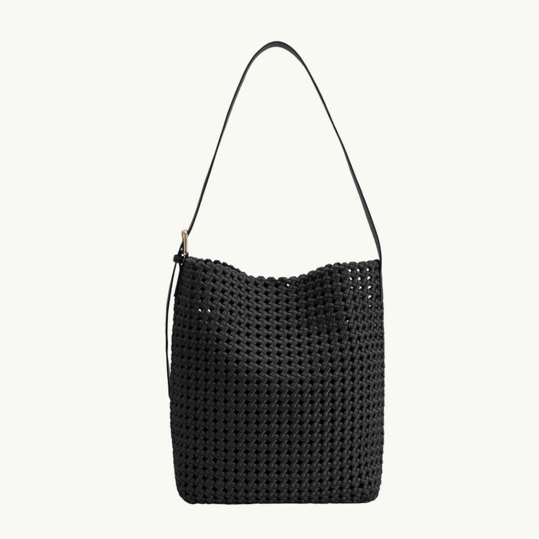 Black woven vegan handbag with adjustable strap