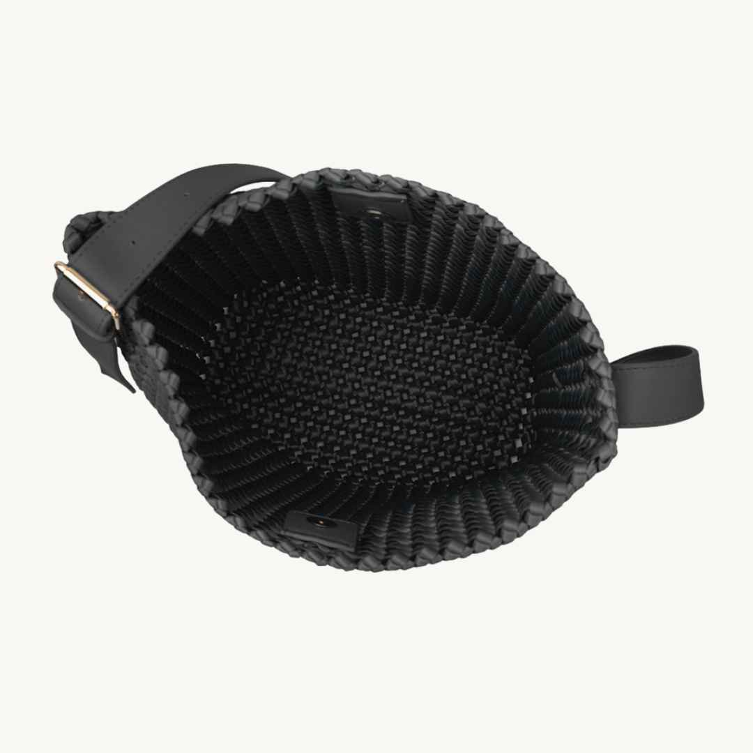 Black woven vegan leather bag interior