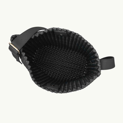 Black woven vegan leather bag interior