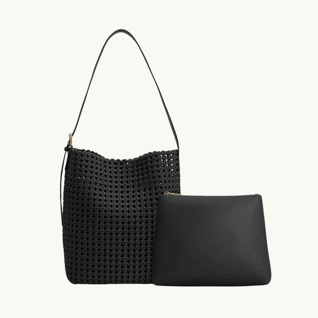 Black woven vegan leather handbag and clutch 