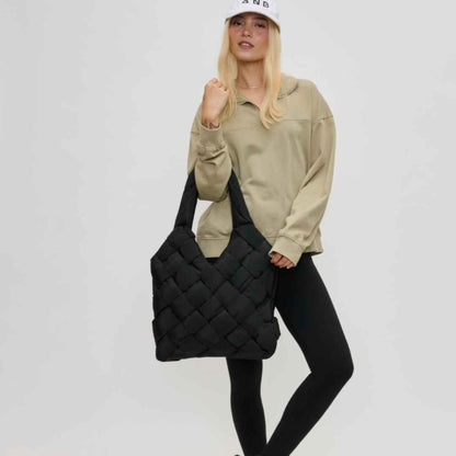 Black woven vegan purse made of recycled nylon