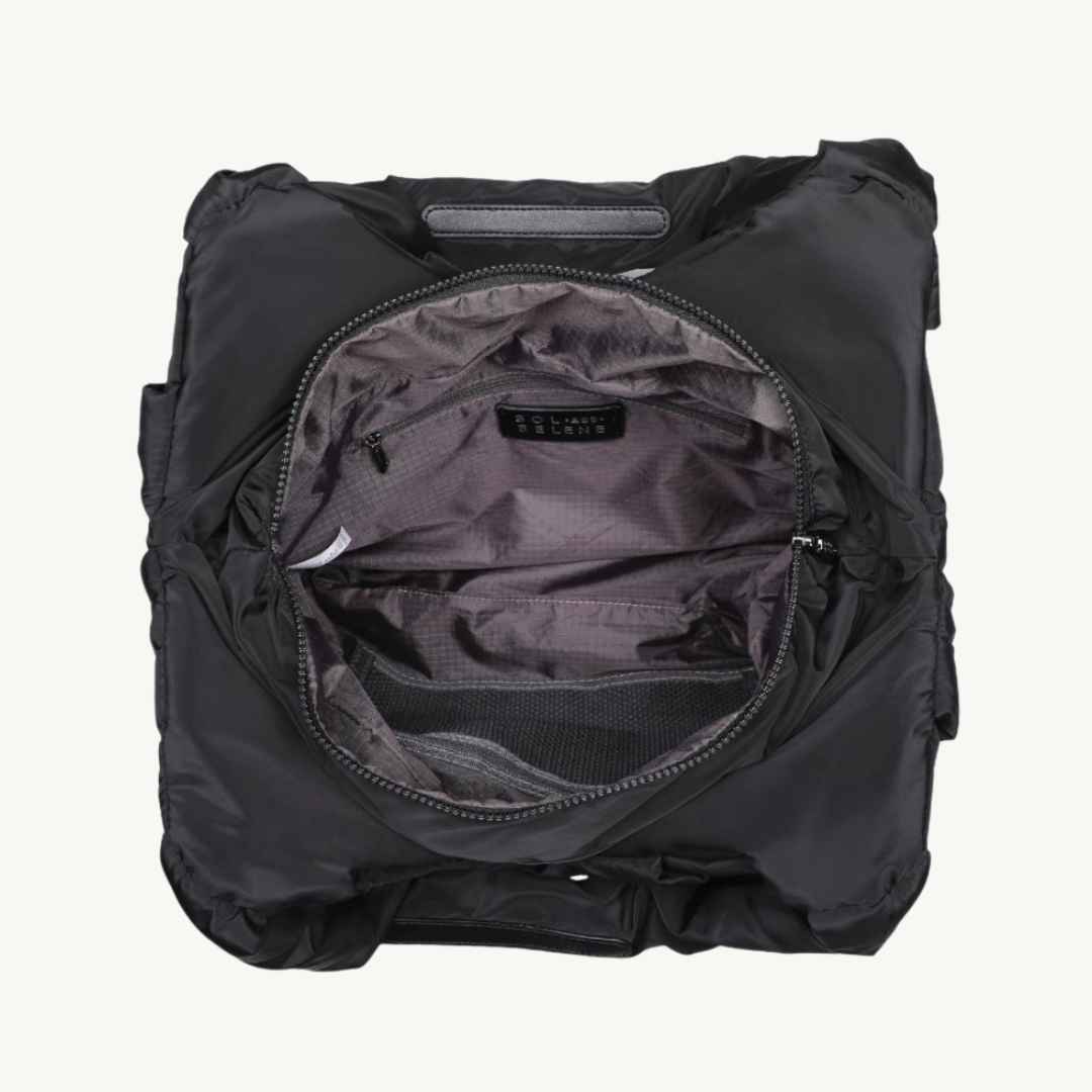 Black woven vegan purse made of recycled nylon interior