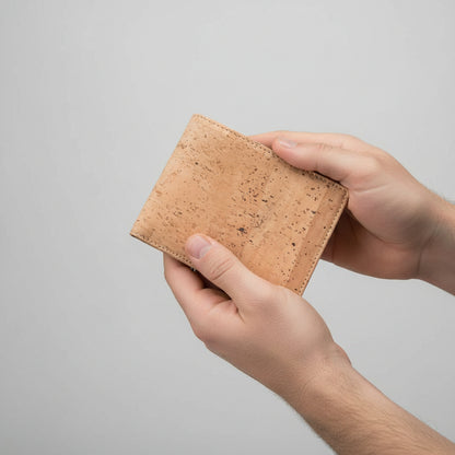 Close-up of the cork leather wallet’s textured surface showcasing natural grain and subtle color variation from a top-down