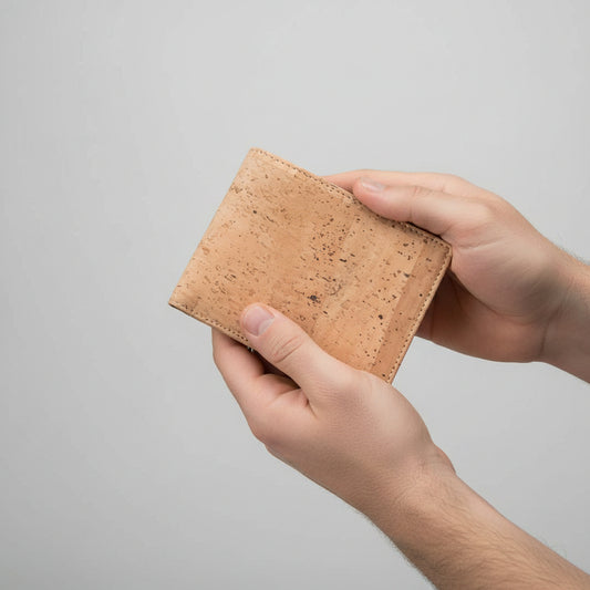 Close-up of the cork leather wallet’s textured surface showcasing natural grain and subtle color variation from a top-down