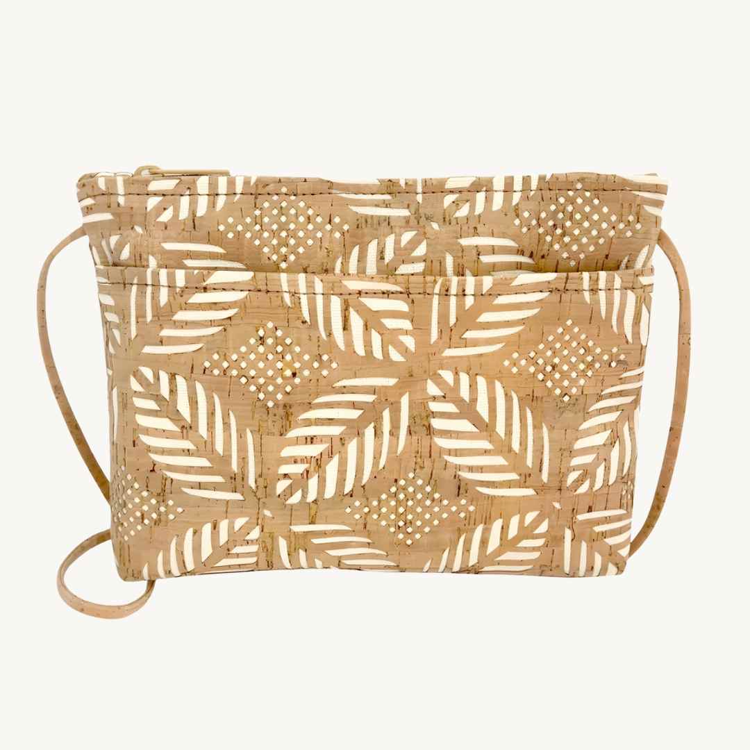 Natalie Therese Palm Cut Cork Crossbody Bag, handmade vegan cork leather, slim fit, natural beige color, eco-friendly