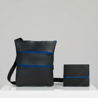 Green Vegan Bags Urban Explorer Duo: upcycled black crossbody bag with adjustable strap and matching vegan wallet featuring
