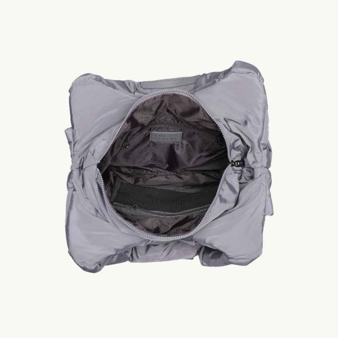 Gray woven vegan handbag made of recycled nylon interior