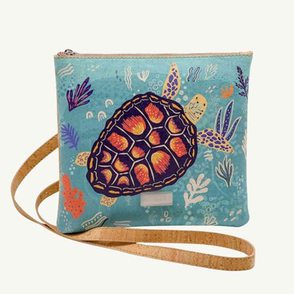 Ivy  Vegan Crossbody Purse Cork Leather with Sea Turtle Print