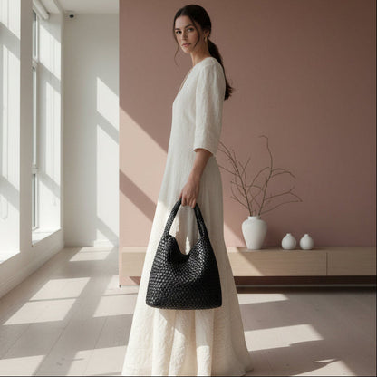 vegan leather woven handbag in black