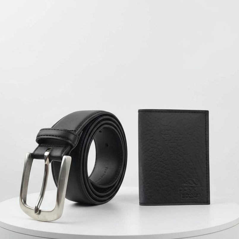 Green Vegan Bags vegan leather duo: black adjustable belt with silver buckle and slim dark brown vegan wallet with card slots