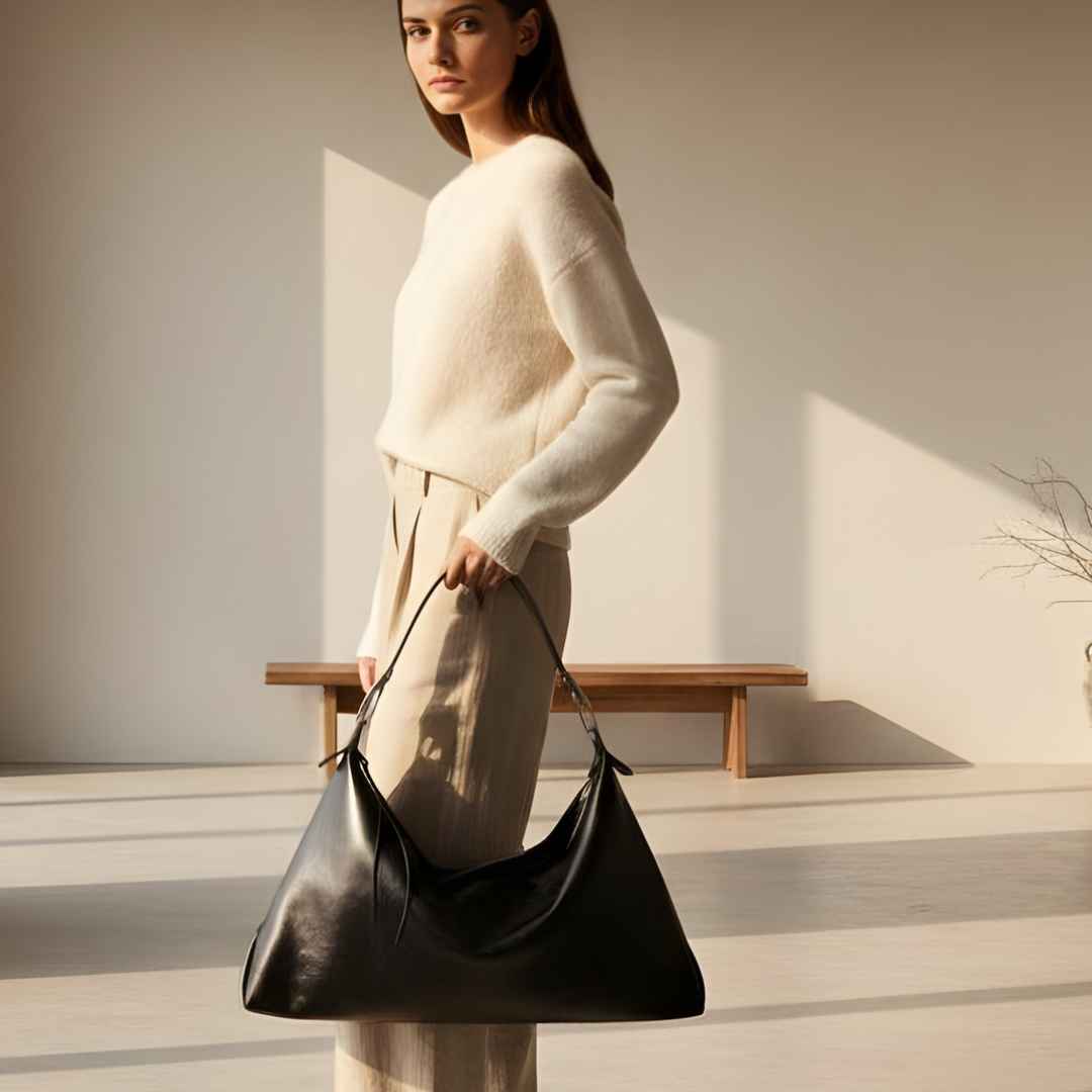 Close-up of recycled vegan leather handle stitching and embossed logo detail on the front of the Charlie Vegan Tote Bag.