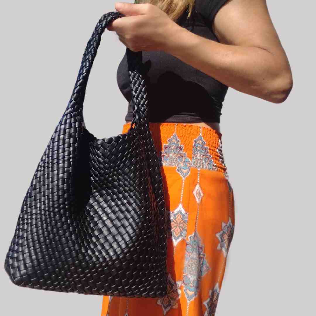 Johanna vegan woven tote bag in black by melie bianco