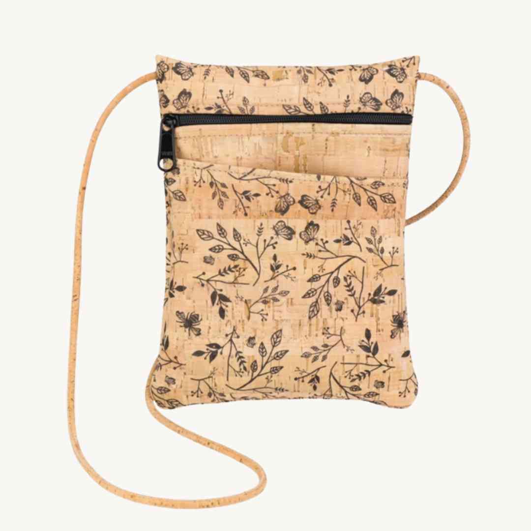 Natalie Therese Be Lively Print Crossbody bag made of biodegradable cork with adjustable strap and vibrant watercolor pattern