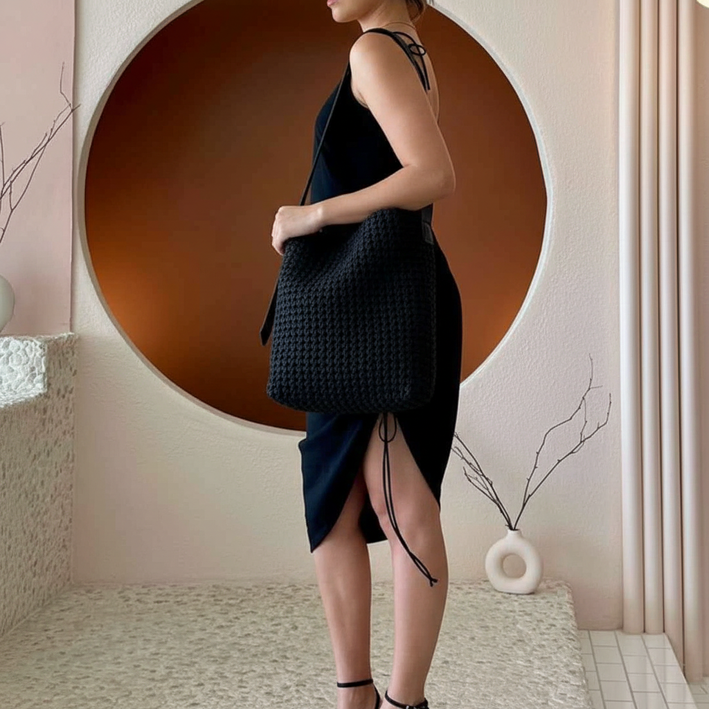 Woman holding a black textured woven handbag vegan leather