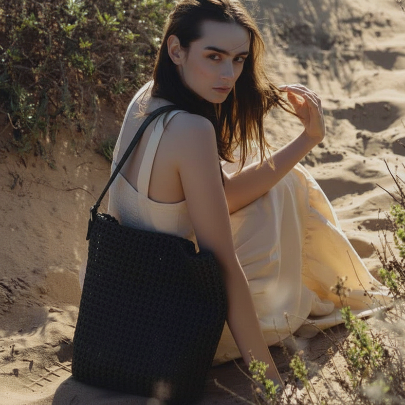 Woman sitting on sand with a black woven vegan leather bag