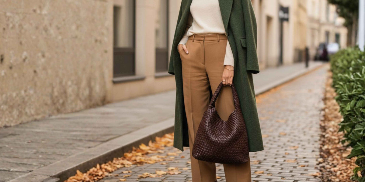 Woman holding a dark brown woven hobo  vegan leather handbag.