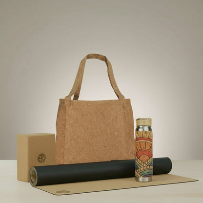 Mindful Movement Duo Cork yoga mat and cork meditation cushion with vegan leather handles, Green Vegan Bags logo