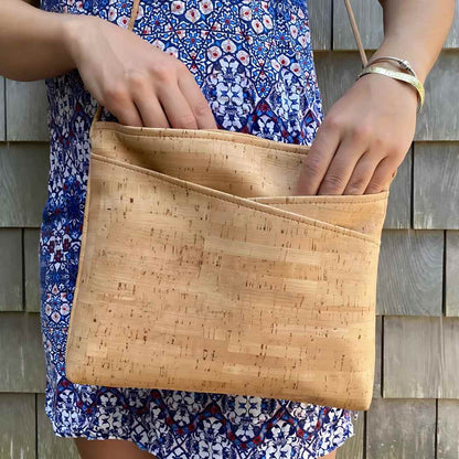Close-up of cork leather texture and top zipper pull on Be Lively Large Crossbody bag showing natural grain detail from an