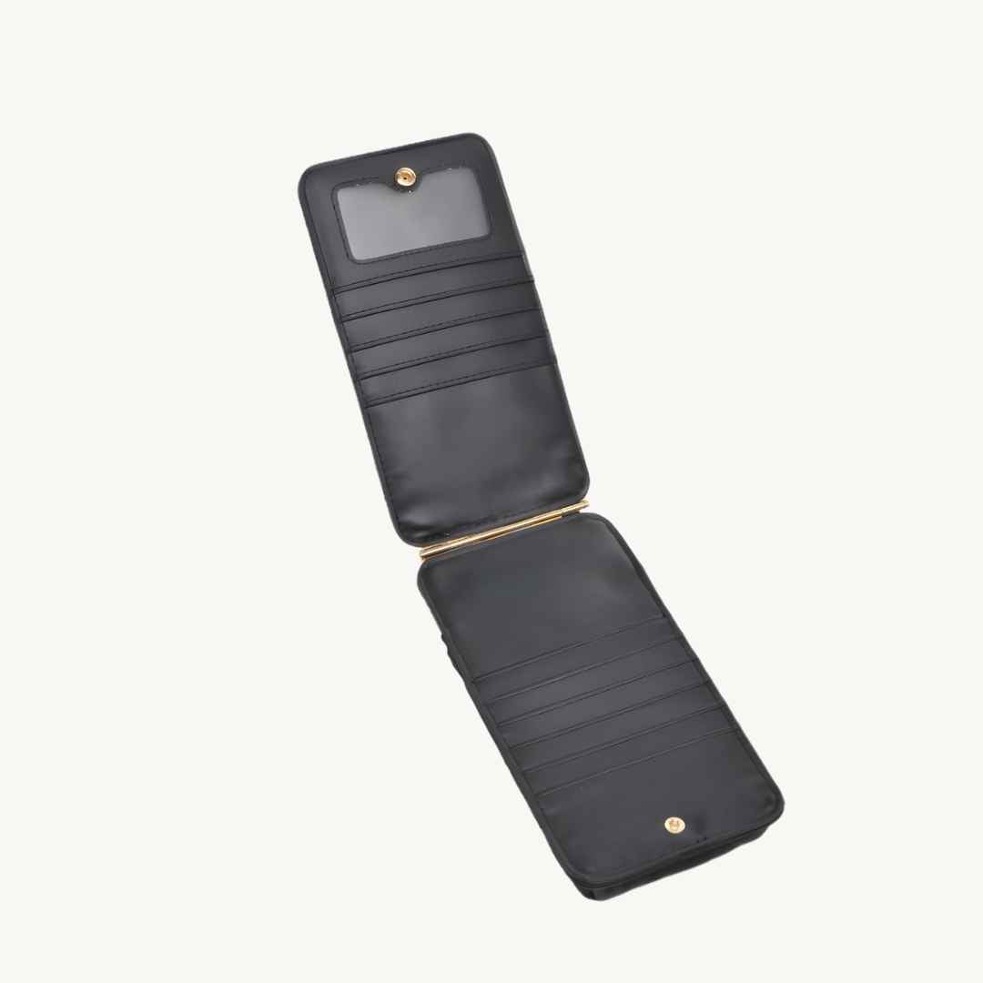 black phone bag with card holder