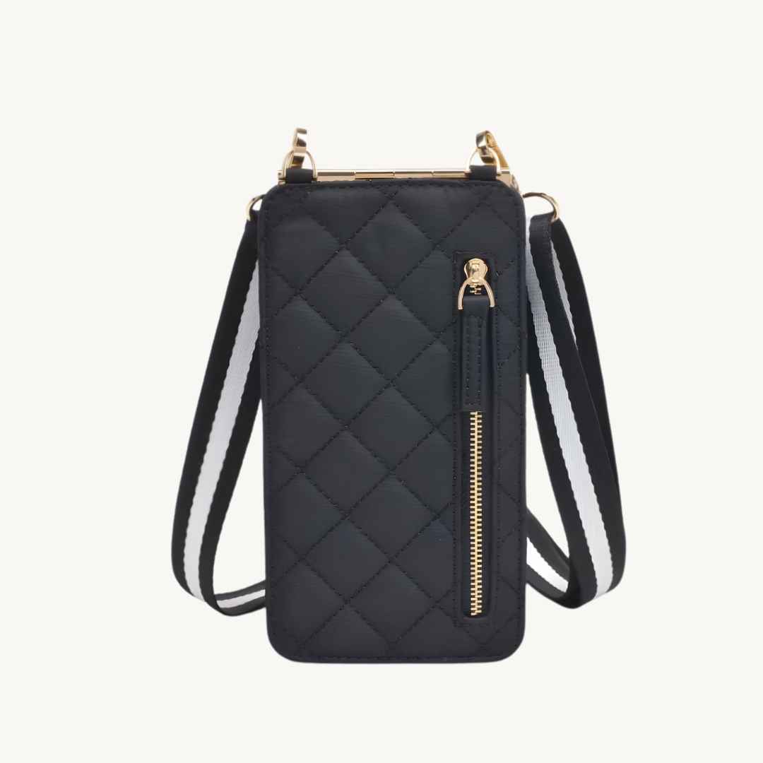 black quilted vegan crossbody phone bag made of recycled nylon