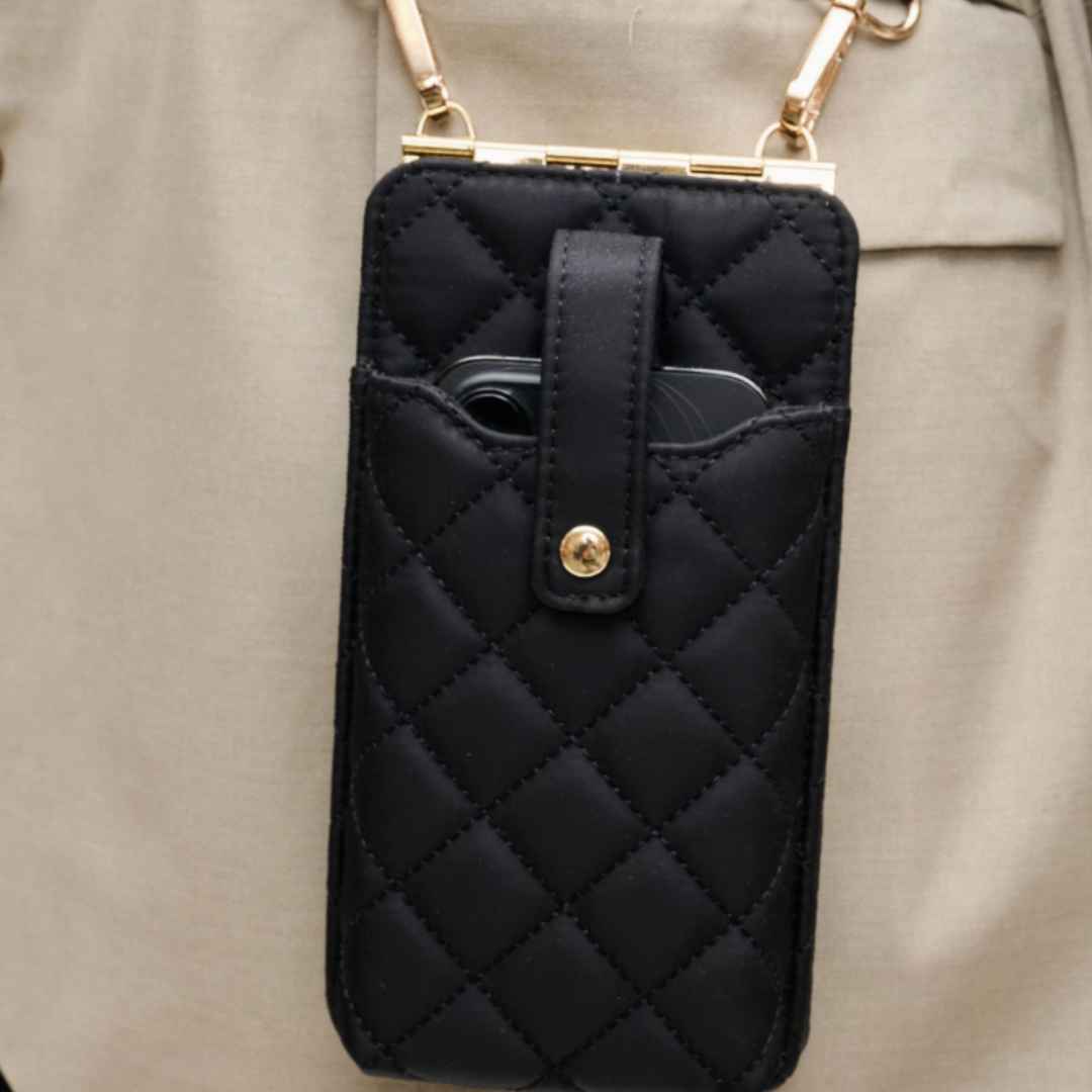 black quilted vegan leather crossbody phone bag made of recycled nylon