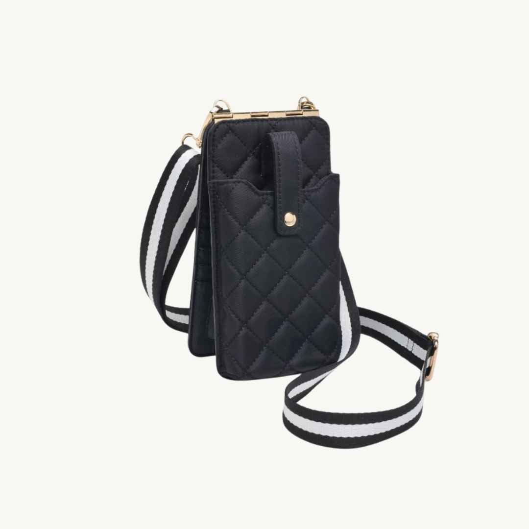 black quilted vegan leather crossbody phone bag made of recycled nylon