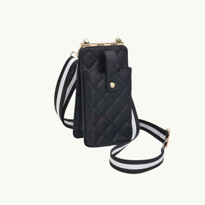 black quilted vegan leather crossbody phone bag made of recycled nylon