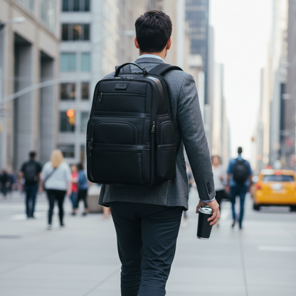 Man walking in a city street with a black vegan backpack for work holding a coffee cup.