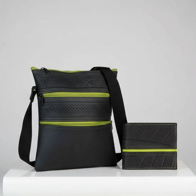 Close-up of the vegan crossbody bag's textured, upcycled cork material with adjustable strap and subtle logo detail from a