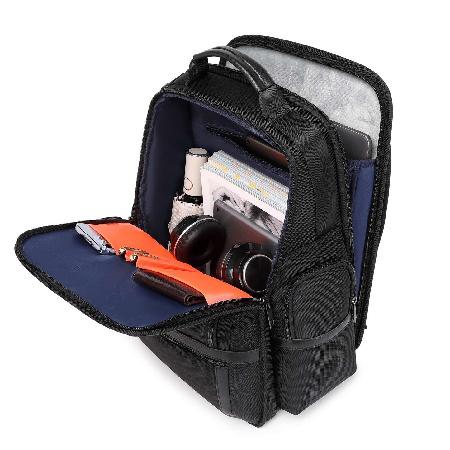 black vegan leather backpack for work open