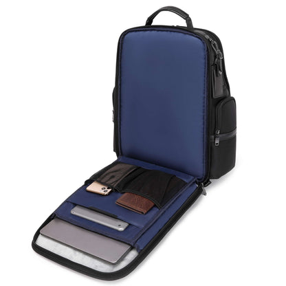 black vegan leather backpack for work side open