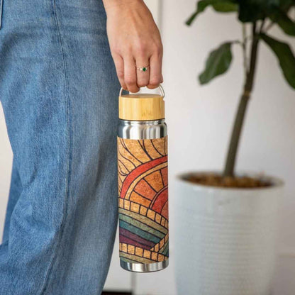 Close-up of the textured bamboo and cork surface emphasizing natural grain and eco-friendly finish on the water bottle.